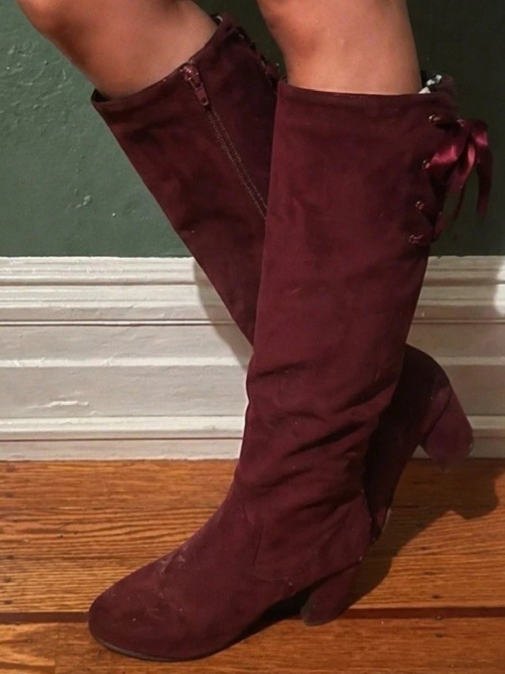 Women's Burgundy Lace-Up Knee Boots with Block Heel And A Bow In The Back